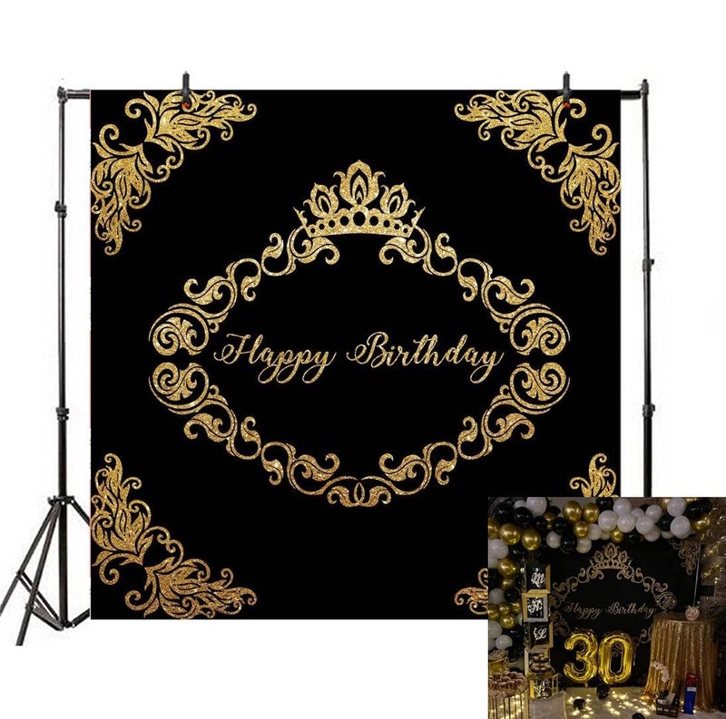 LFEEY 8x8ft Father Mother Birthday Party Backdrop for Photos Black Background Gold Crown Flower Pattern Adutls 30th 40th 50th Birthday Parties Photo Booth Props - Image 1